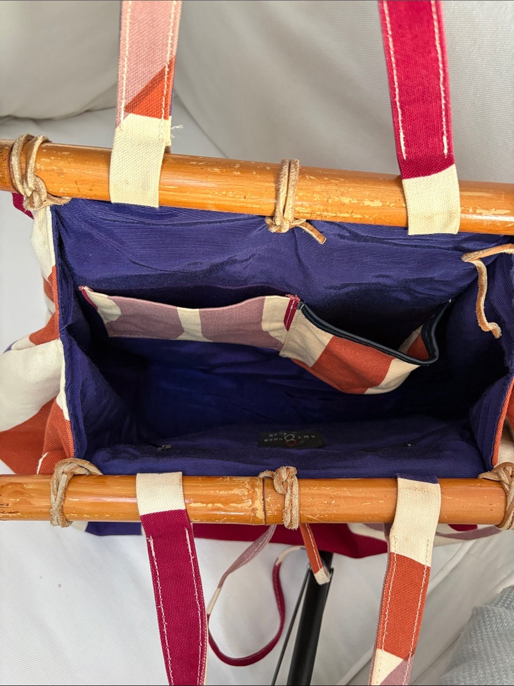 Canvas Bamboo-Handle Tote Bag in Magenta and Multi-Color - Picture 5 of 6